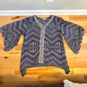 Cato 18/20W Boho Geometric Print Flowy Sleeve Top